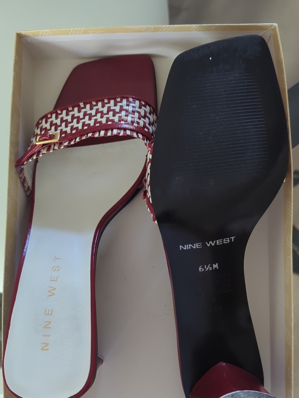 Nine West Burgundy and White Woven-Trim Square Toe Mules